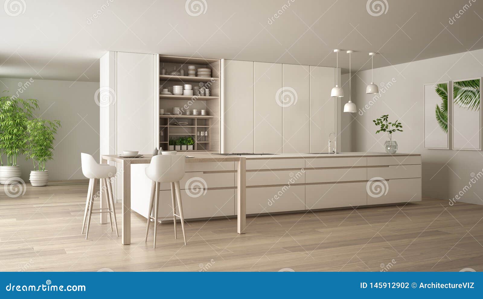 Witte Minimalistische Keuken In Eco Vriendschappelijke Flat, Eiland