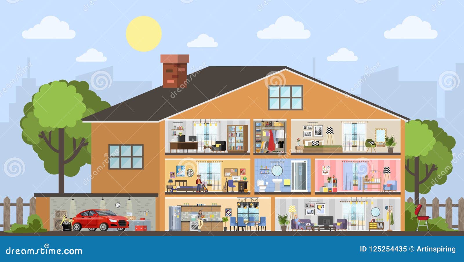 Wohnungsbauinnenplan Mit Der Garage Vektor Abbildung - Illustration von