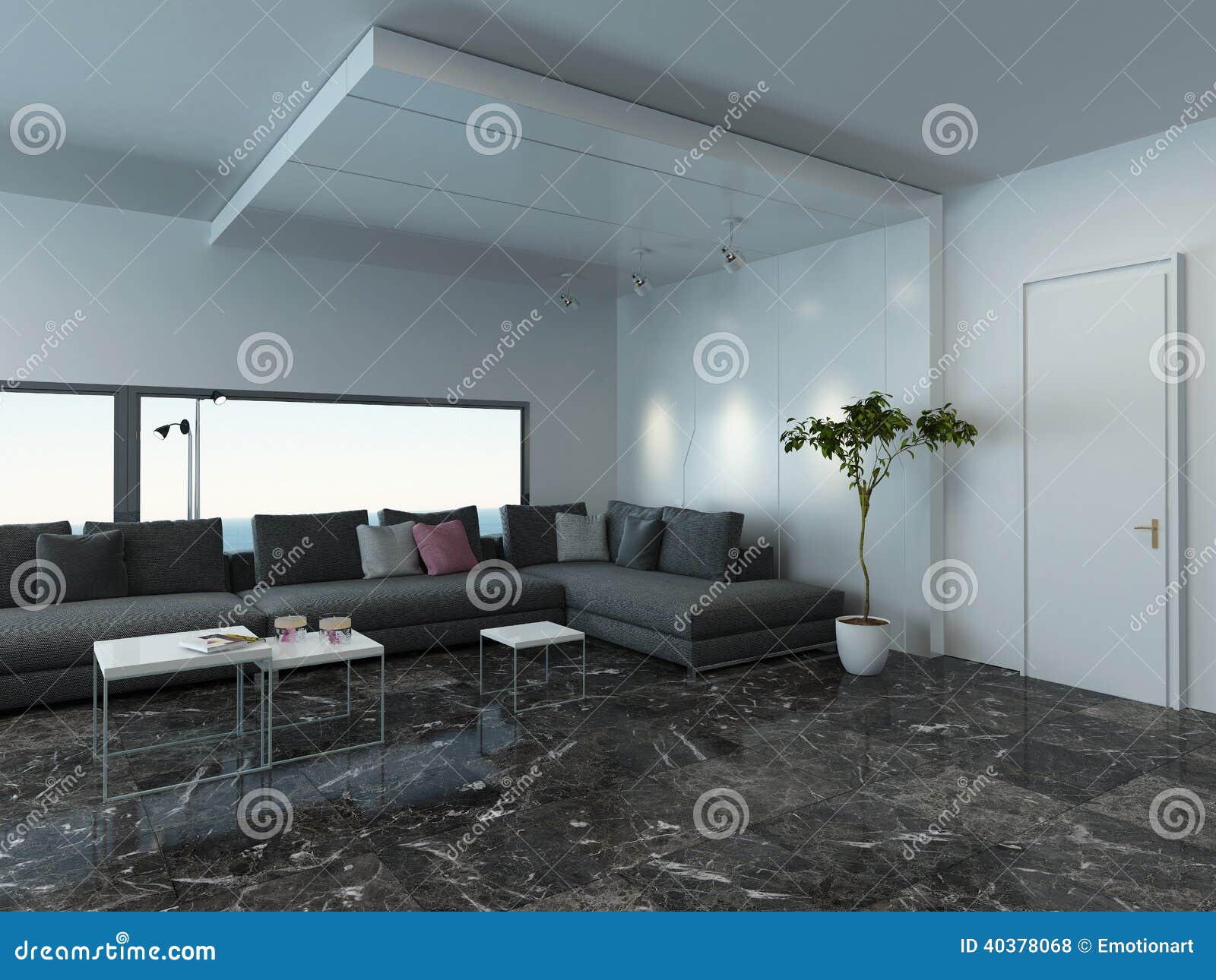 Wohnzimmer mit grauem couch und marmorboden stockfoto bild ...