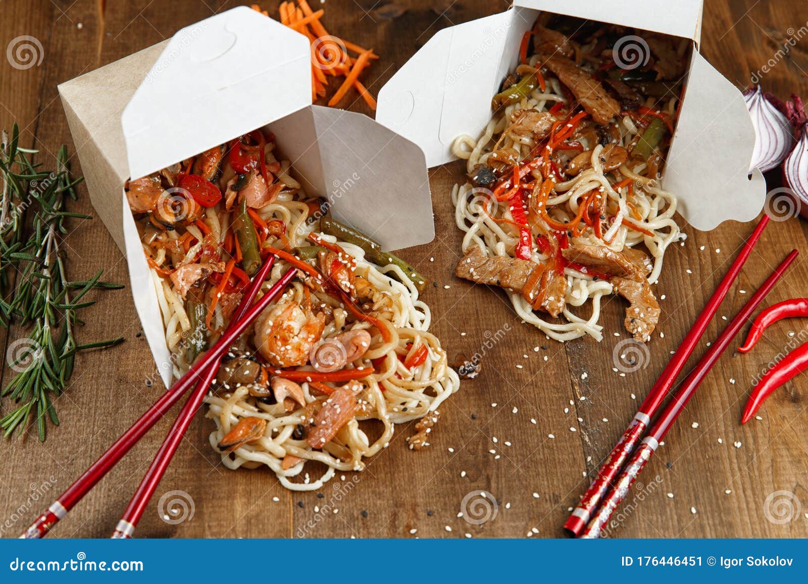 Wok noodles in boxes stock image. Image of pasta, japanese 176446451