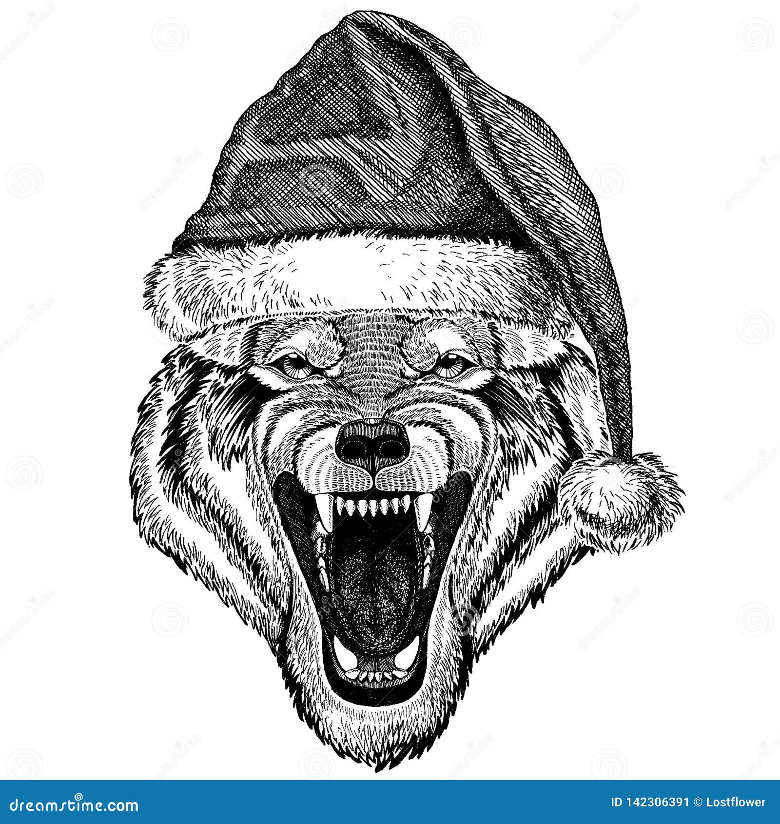Wolf Dog Wearing Christmas Santa Claus Hat Hand Drawn