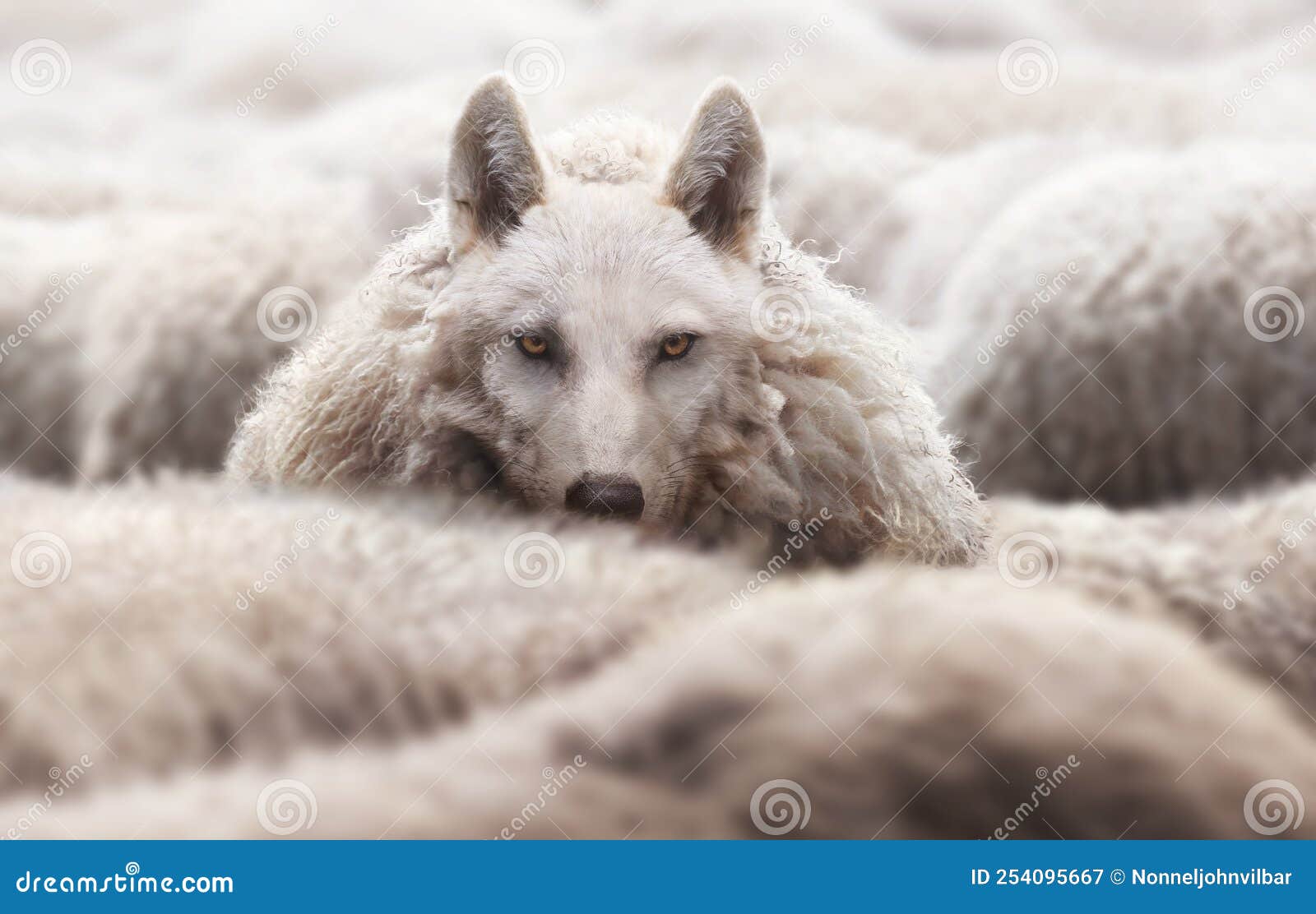 wolf in a flock of sheep with wool clothing