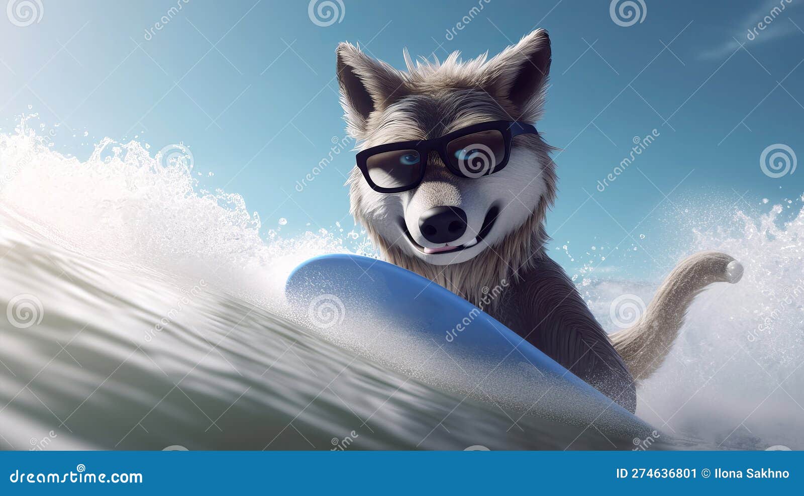 Wolf in glasses is surfing stock illustration. Illustration of grey ...