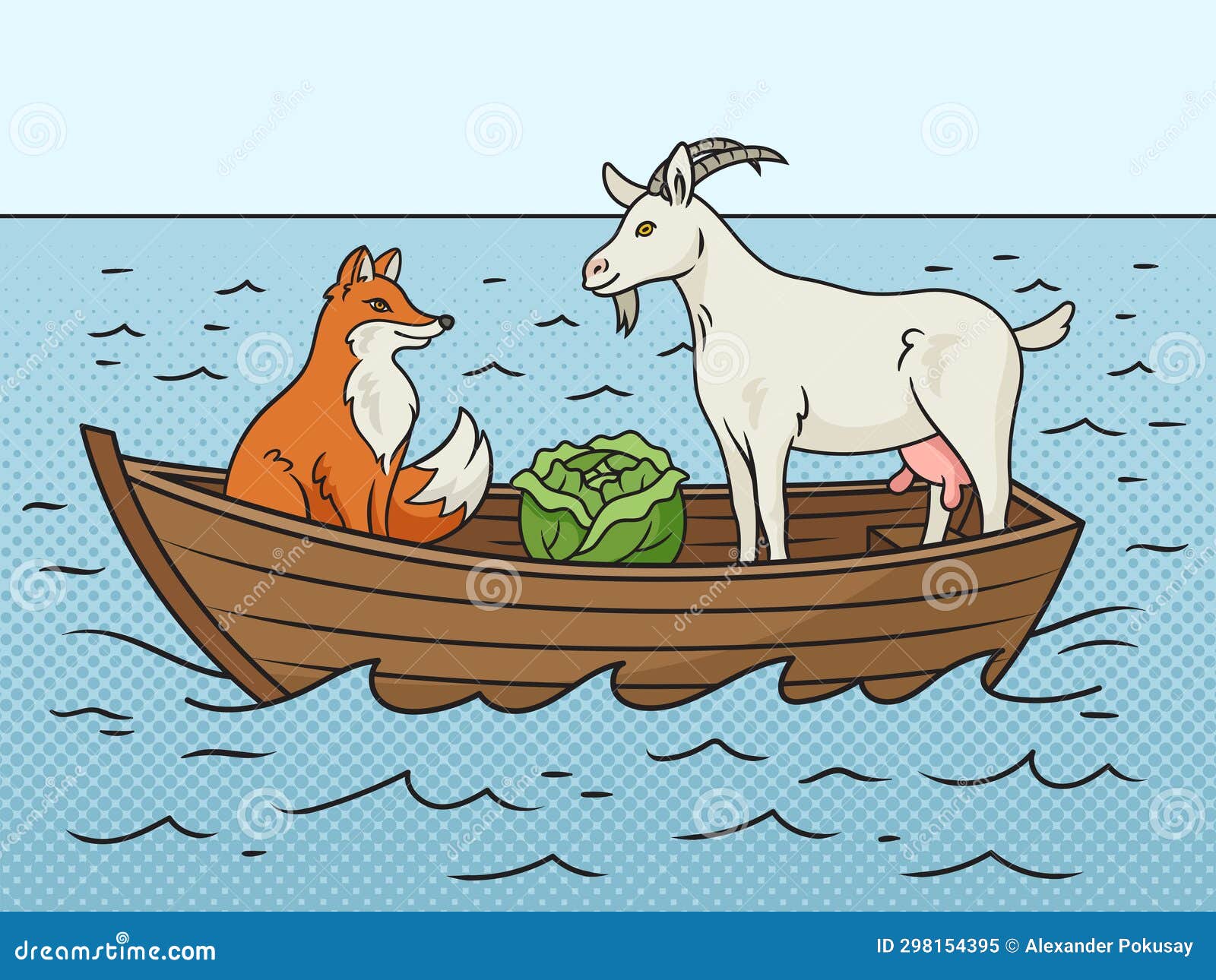 Wolf Goat and Cabbage Problem Vector Hand Drawn Stock Illustration