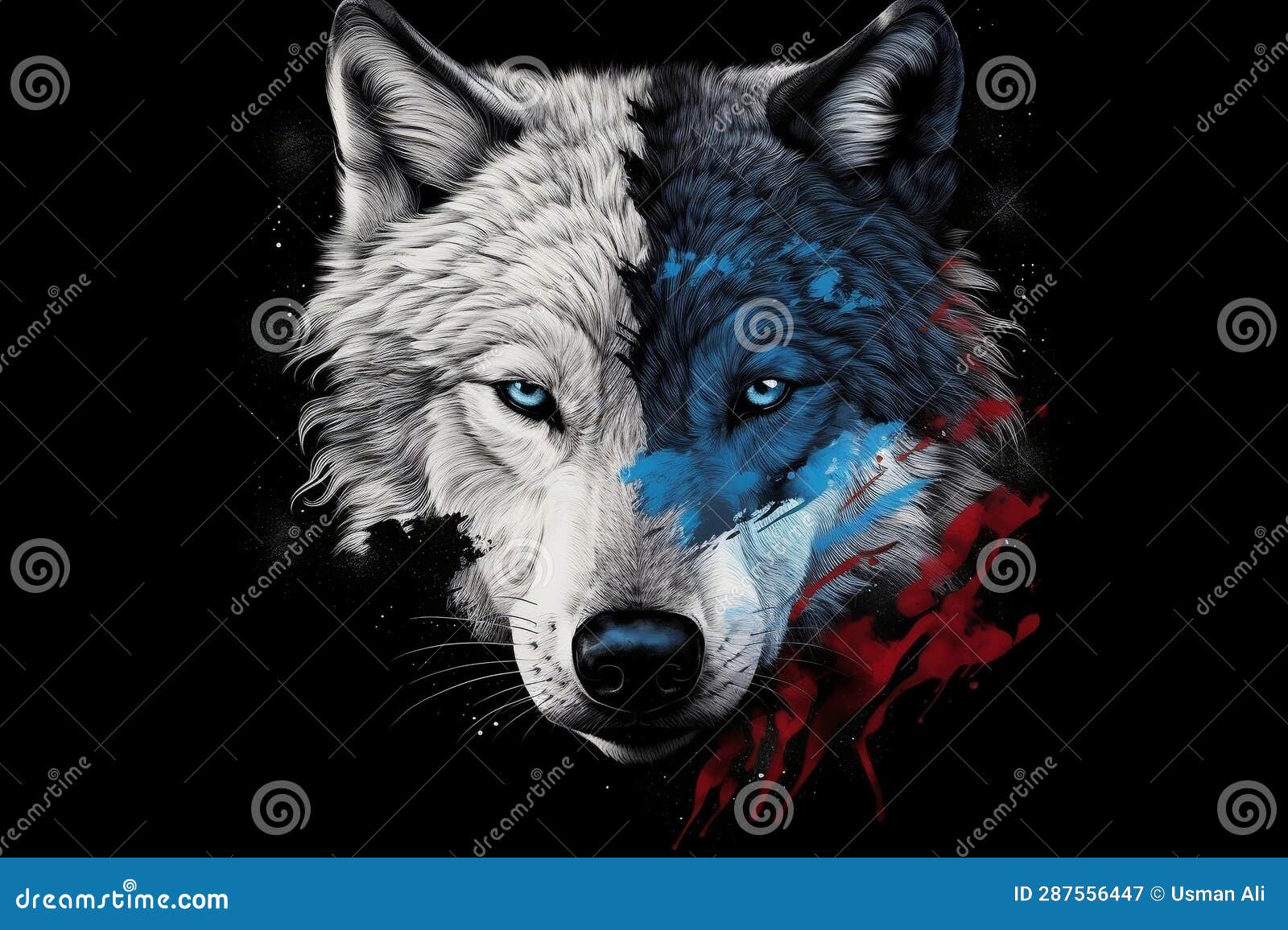 Wolf Head Portrait Half White with Blue Eyes, Half Black with Red Eyes