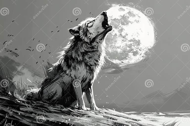 Wolf Howling on the Moon Drawing in Sketch Style Illustration Stock