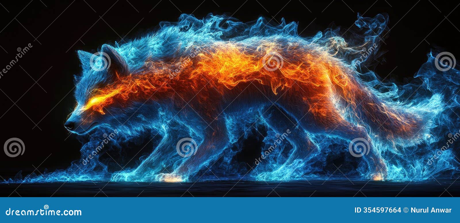 Blue and Orange Fire Wolf with Glowing Eyes on Dark Background Stock  Illustration - Illustration of digital, power: 354597664, image size:1600x776