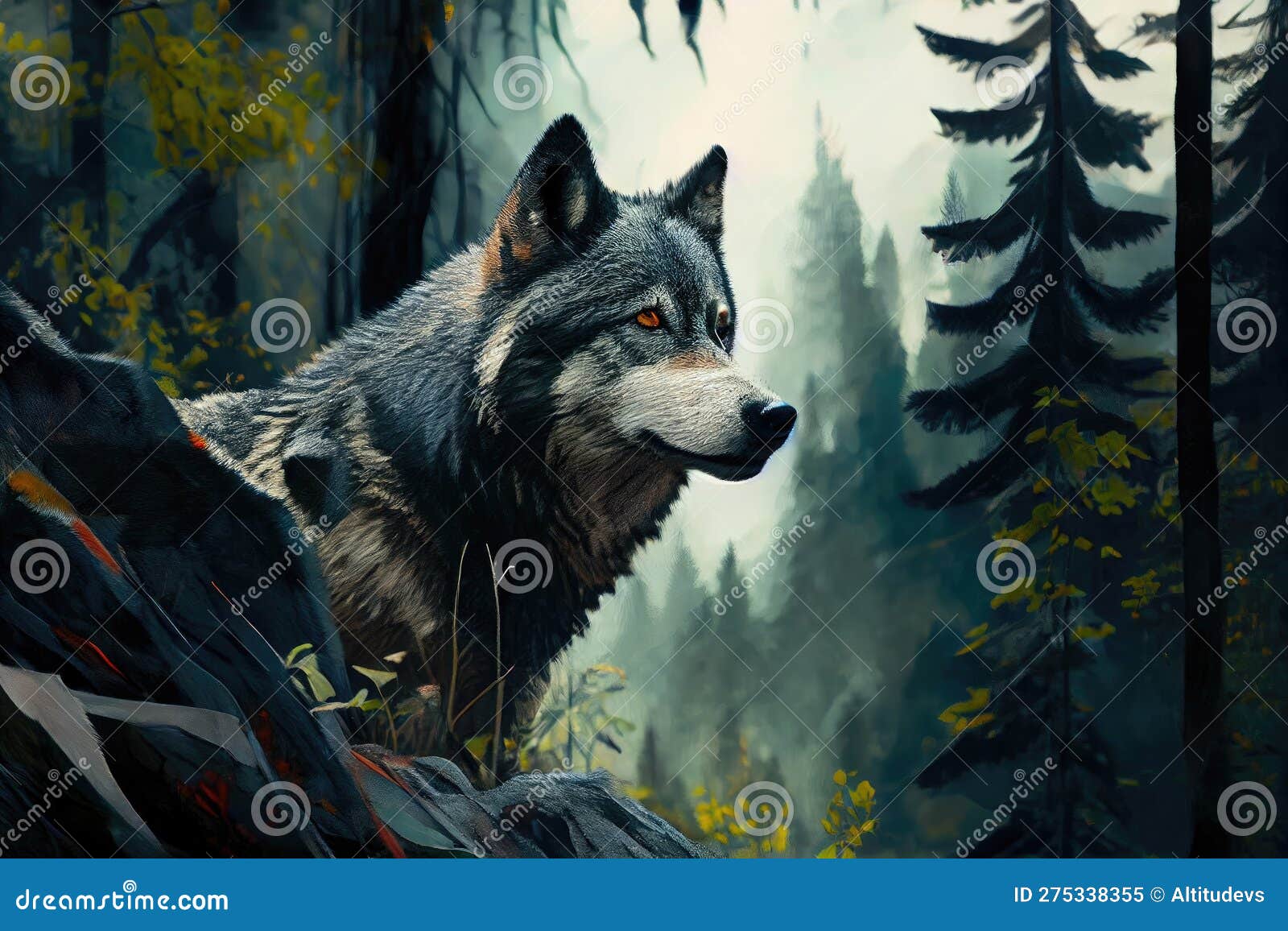 Wolf with Piercing Gaze, Looking Down on Sprawling Forest Stock Image