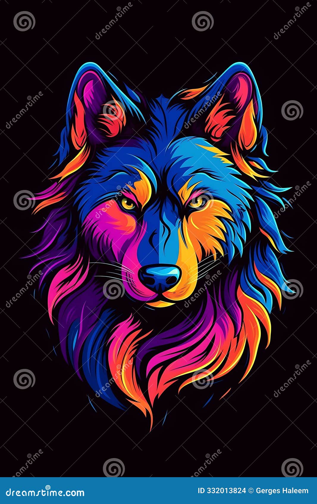 colorful  of a wolf's head with vibrant patterns and neon accents on a black background
