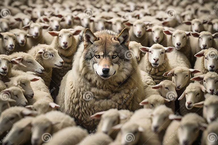 A Wolf in Sheep S Clothing among Sheep. Stock Photo - Image of head
