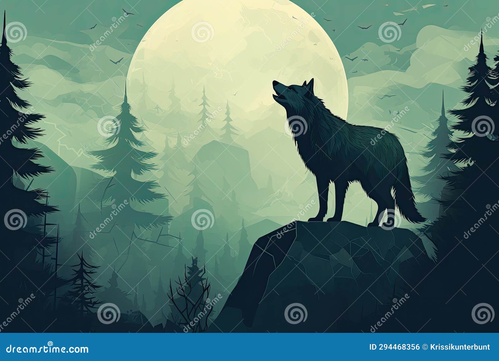 wolf stand on a cliff at full moon night lansdscape ai generated