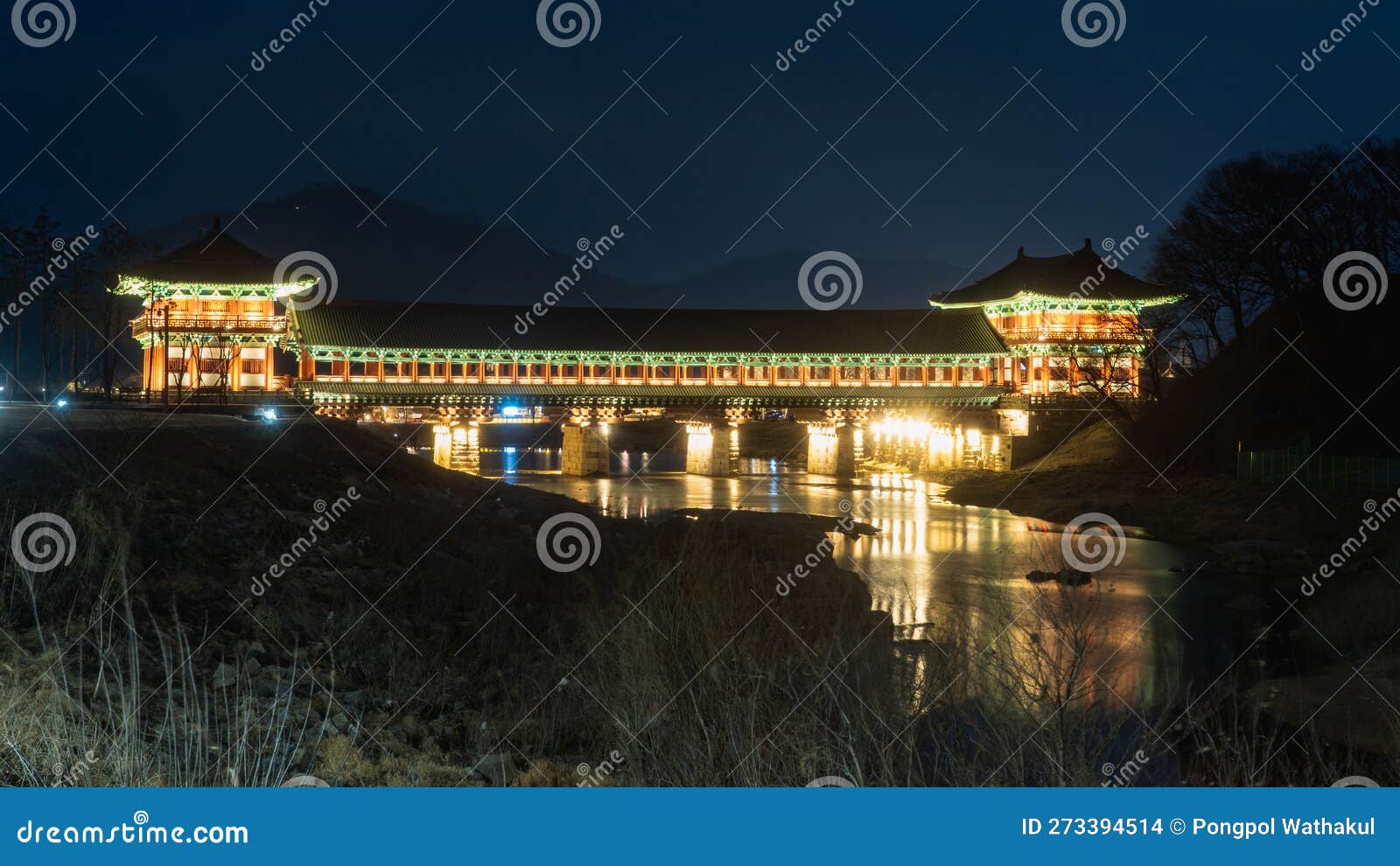 woljeong bridge next to gyochon traditional village during winter evening and night at gyeongju , south korea : 10 february 2023