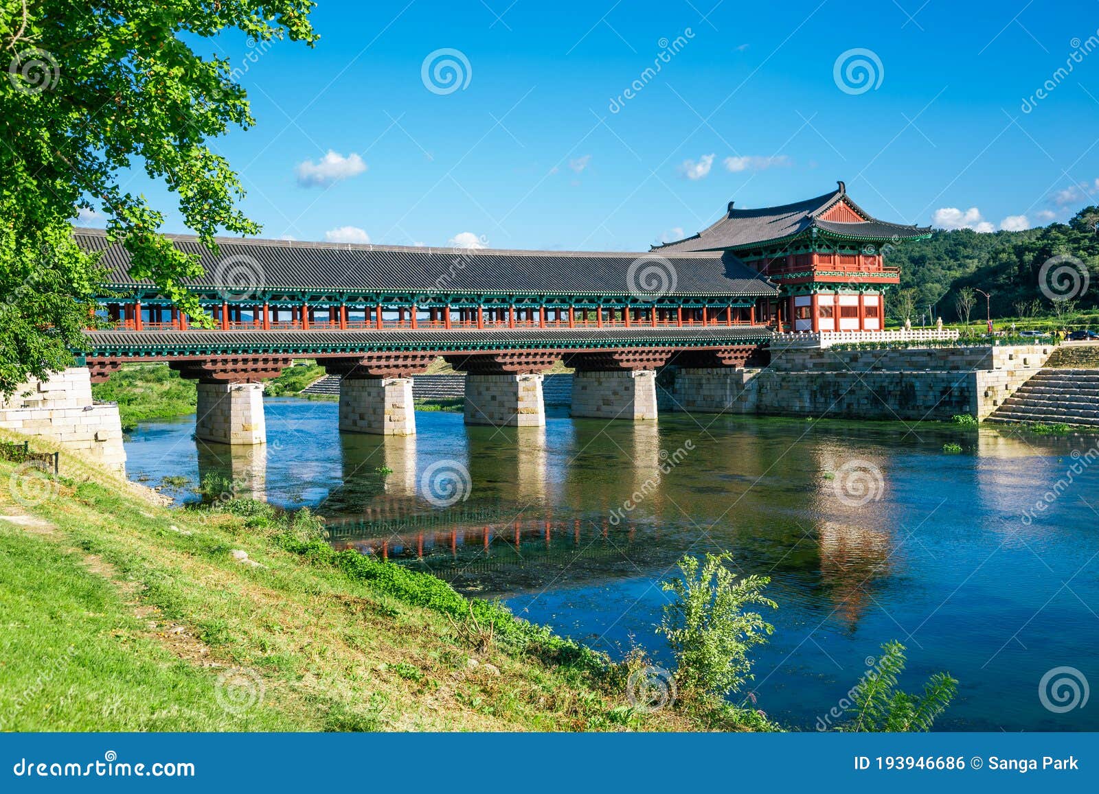 woljeong korean traditional bridge on river in gyeongju, korea