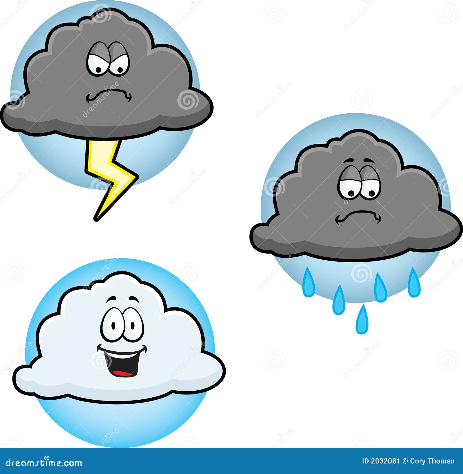 Drie verschillende wolken met verschillende uitdrukkingen.