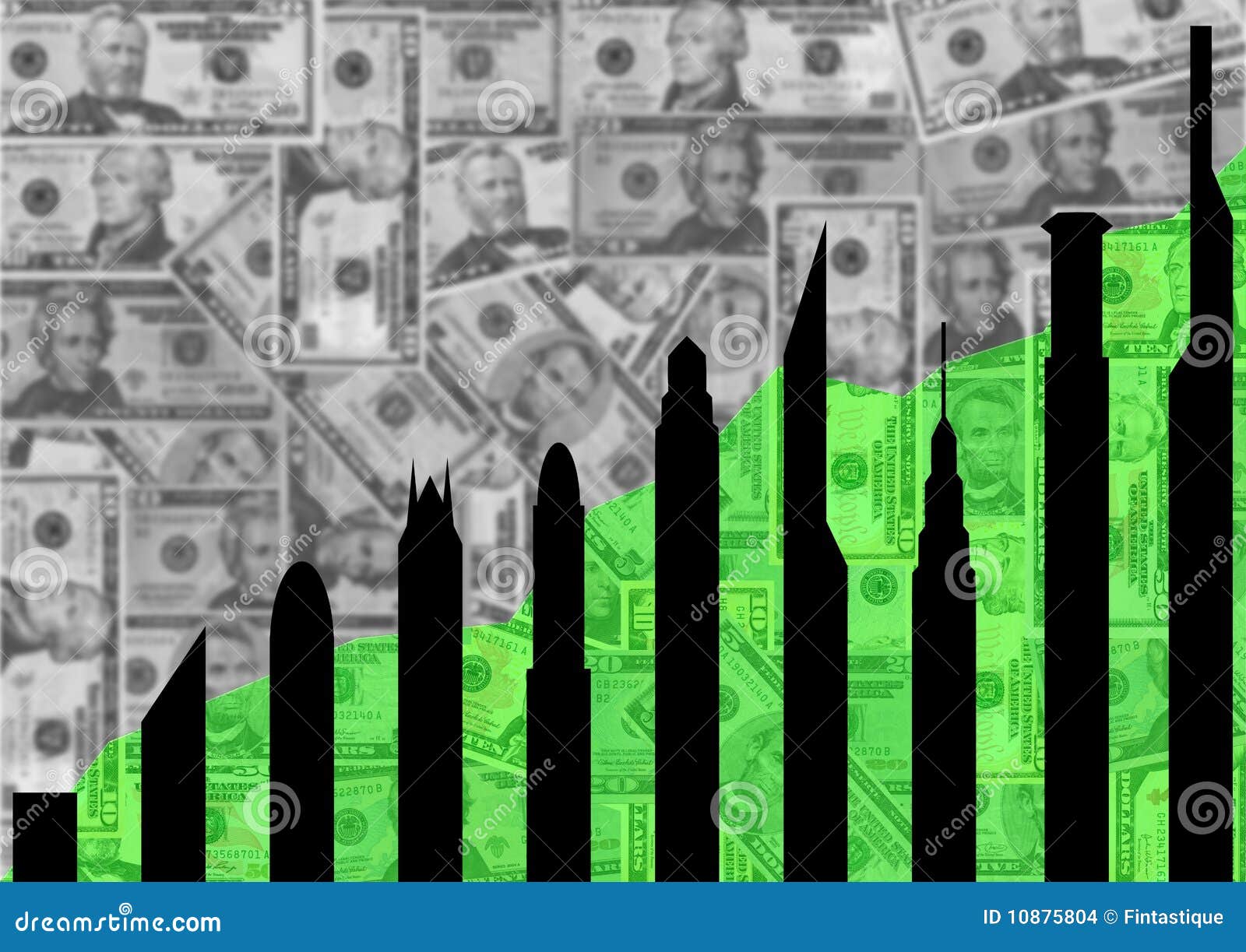 Wolkenkratzer silhouettiert Diagramm mit Dollar. Wolkenkratzerschattenbilder und grünes Diagramm auf amerikanischer Dollarabbildung