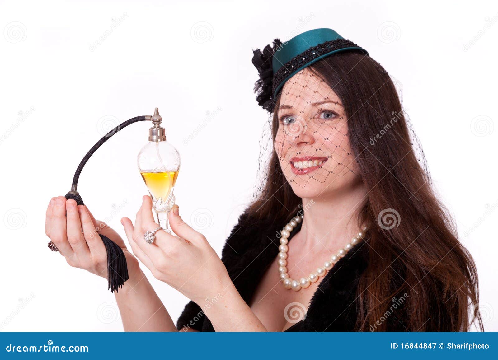 Woman in 20s Costume with Perfume Bottle Stock Image Image of woman, high 16844847