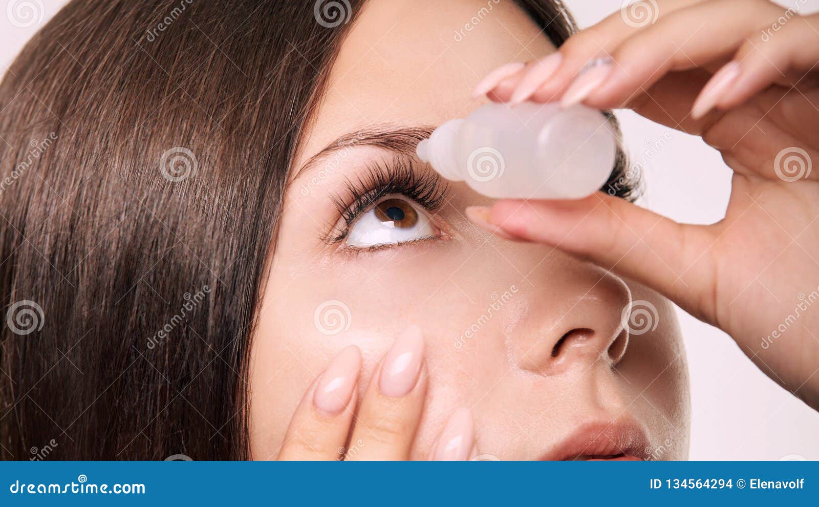 woman apply eye drops. girl glaucoma treatment