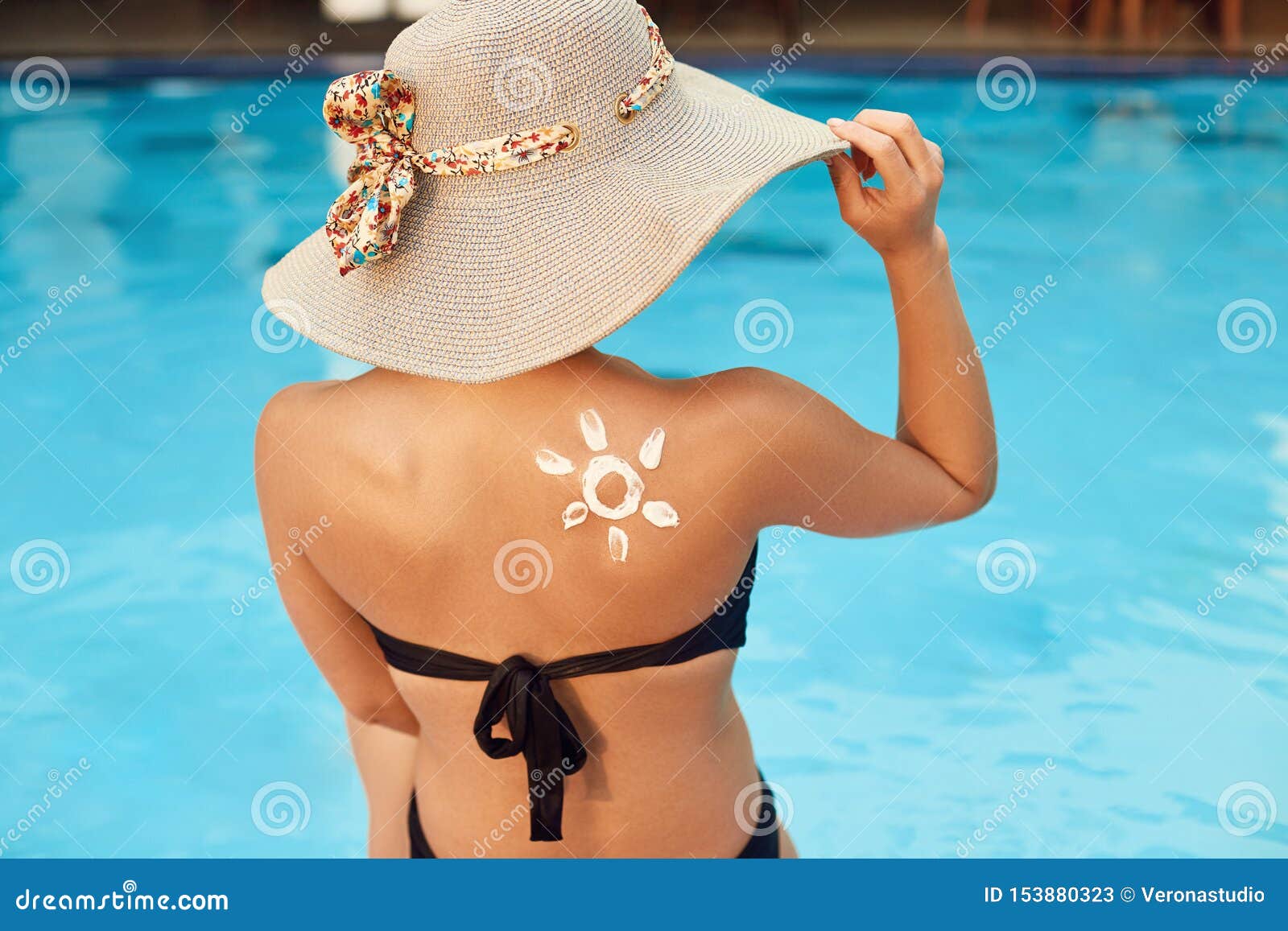 Woman Applying Sunscreen Creme On Tanned Shoulder Skincare Body Sun Protection Suncream Stock