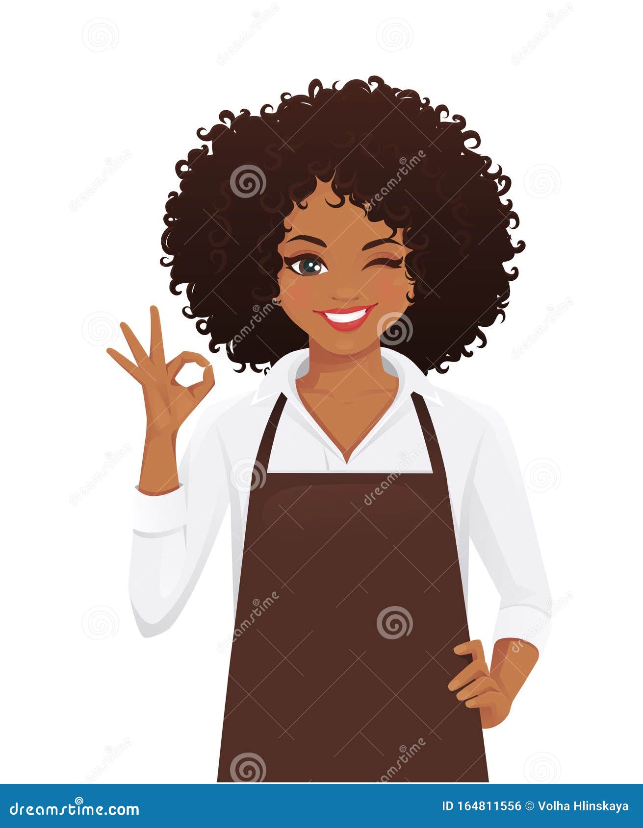 woman in apron gesturing ok sign