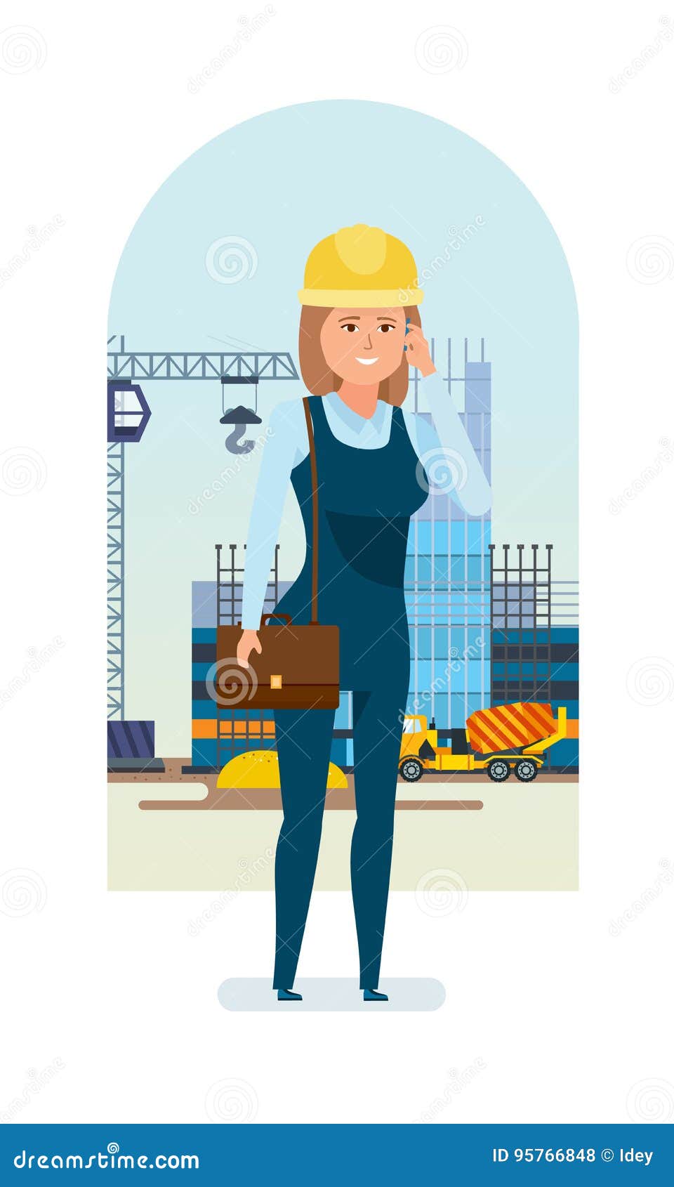 woman architect worker, talks on phone, solves questions of construction.