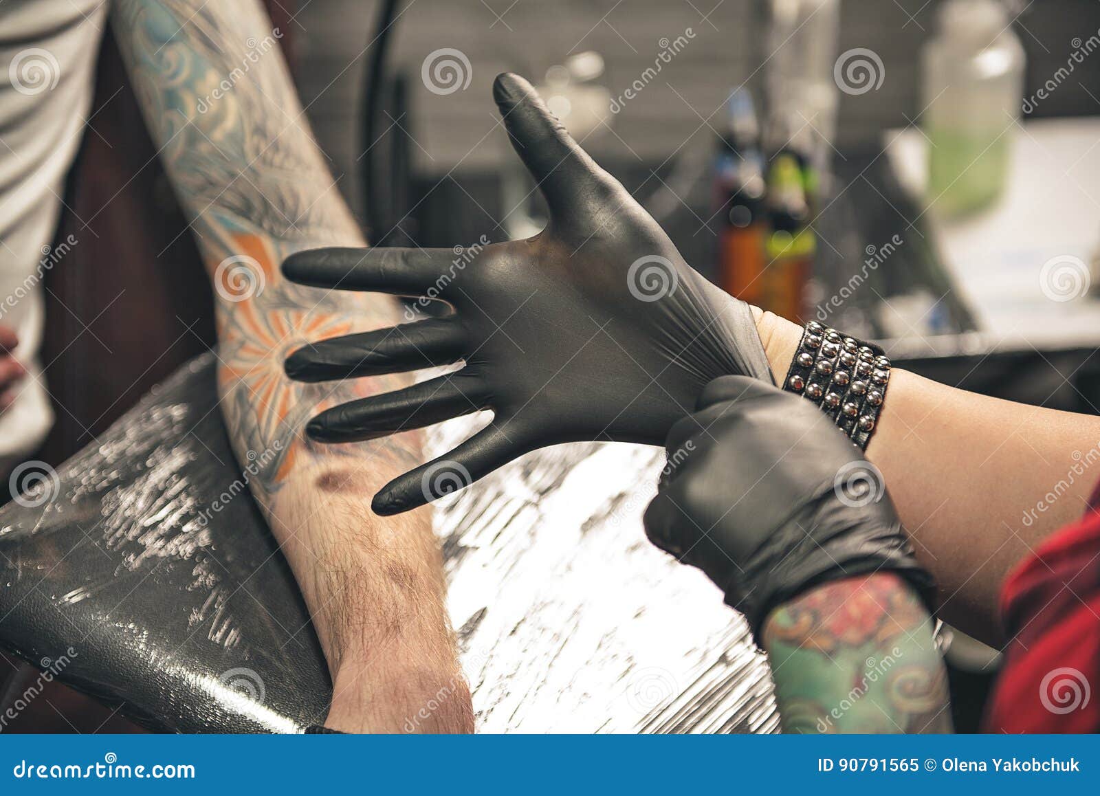 Woman Arm Wearing Gloves before Creating Tattoo Stock Image - Image of safety, indoor: 90791565