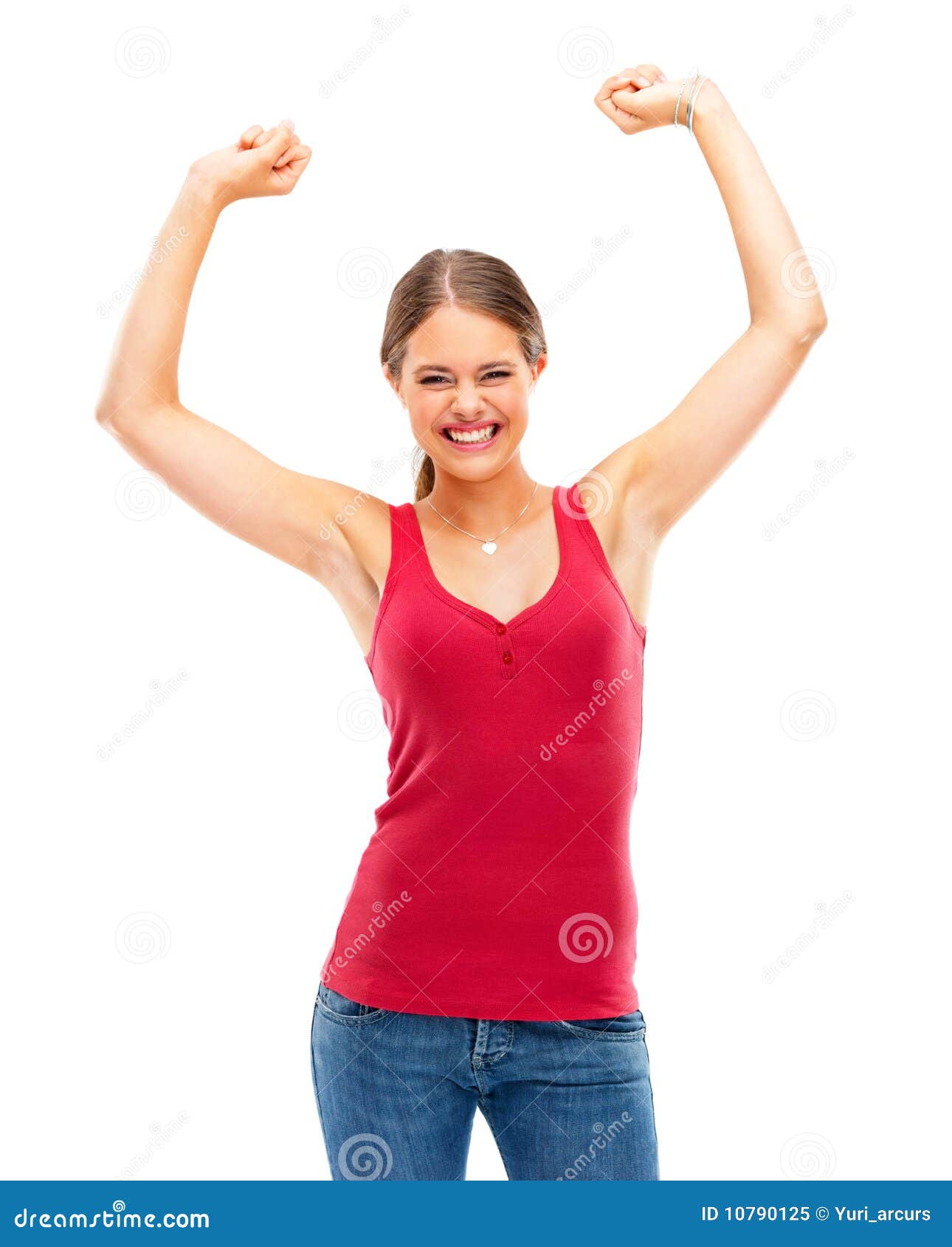 Woman with Arms Raised Against White Background Stock Image Image of