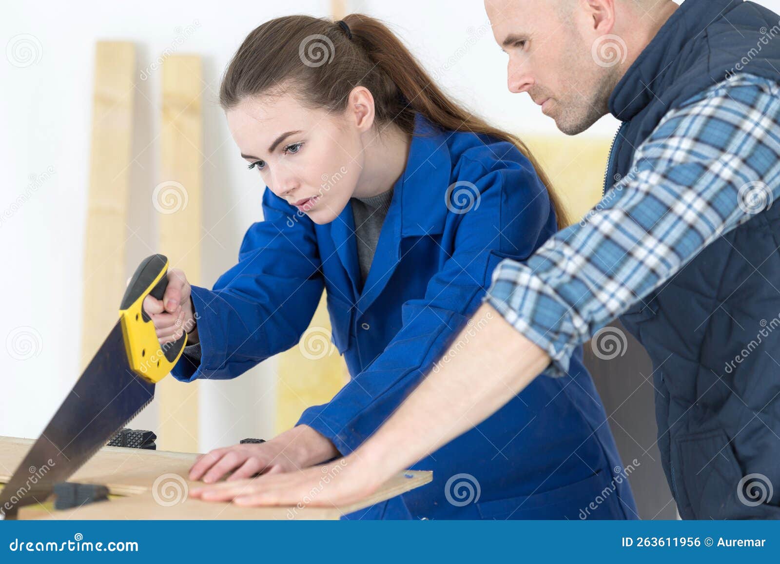 Woman As Carpenter during Apprenticeship Lesson Stock Photo Image of