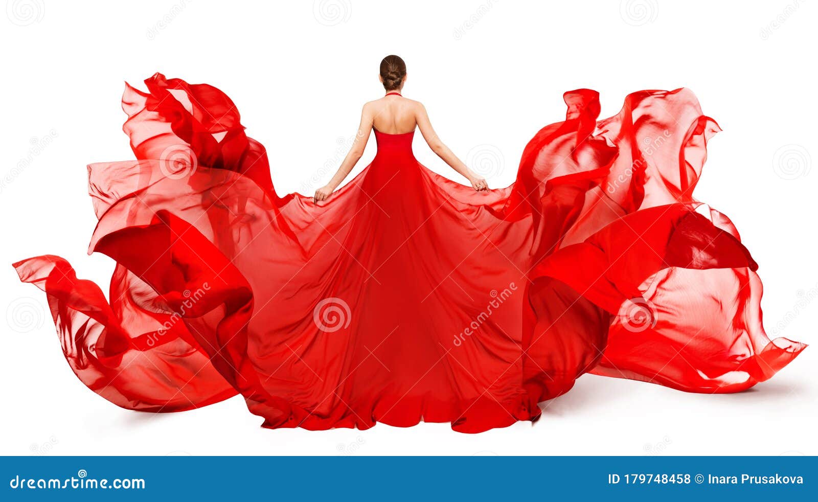 woman back rear view in red flying dress fluttering on wind, girl in blowing waving gown clothes on white