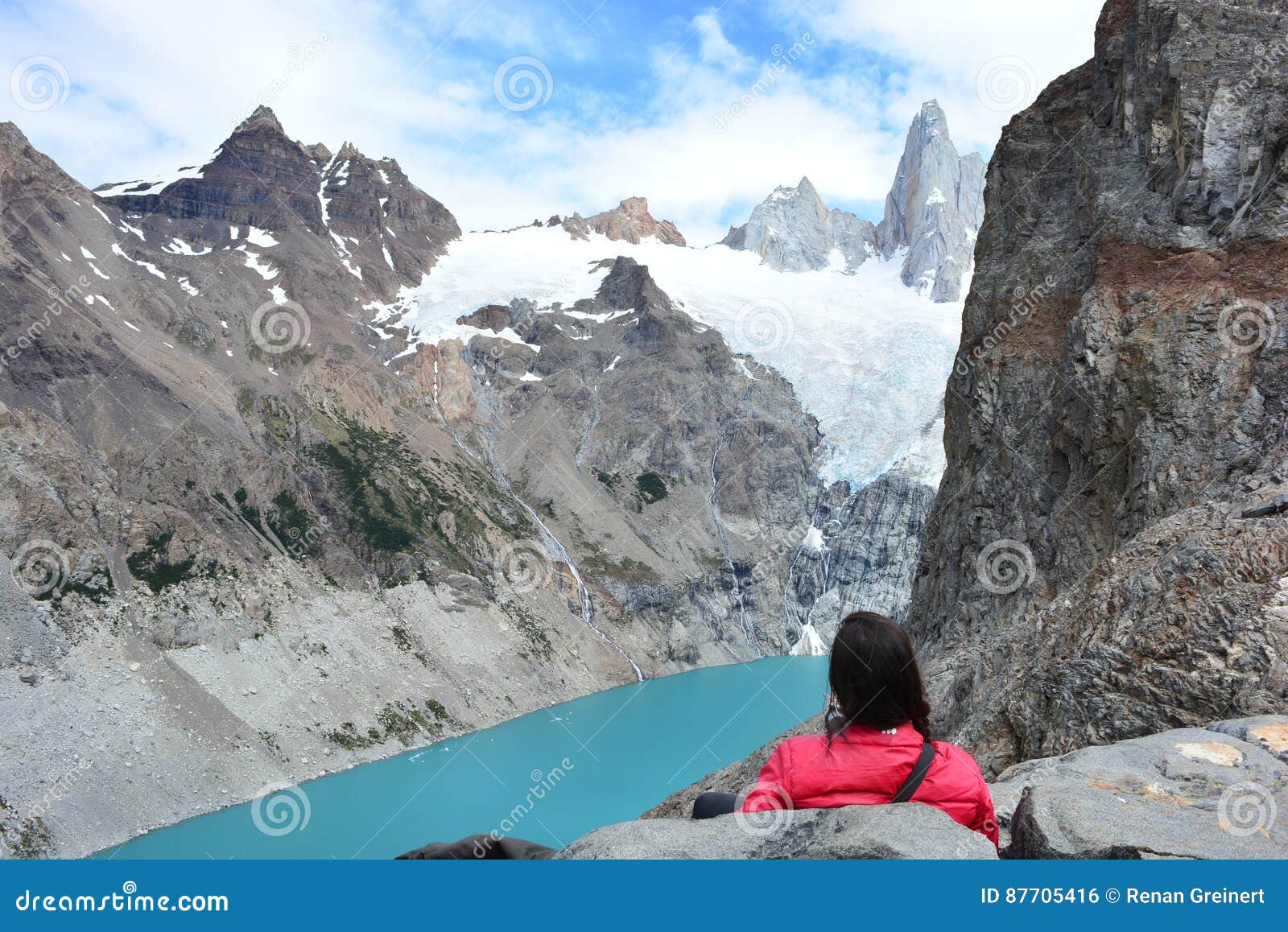 Woman Backpacker Looking at the Laguna Sucia Lake and the Fitz Roy Peak ...