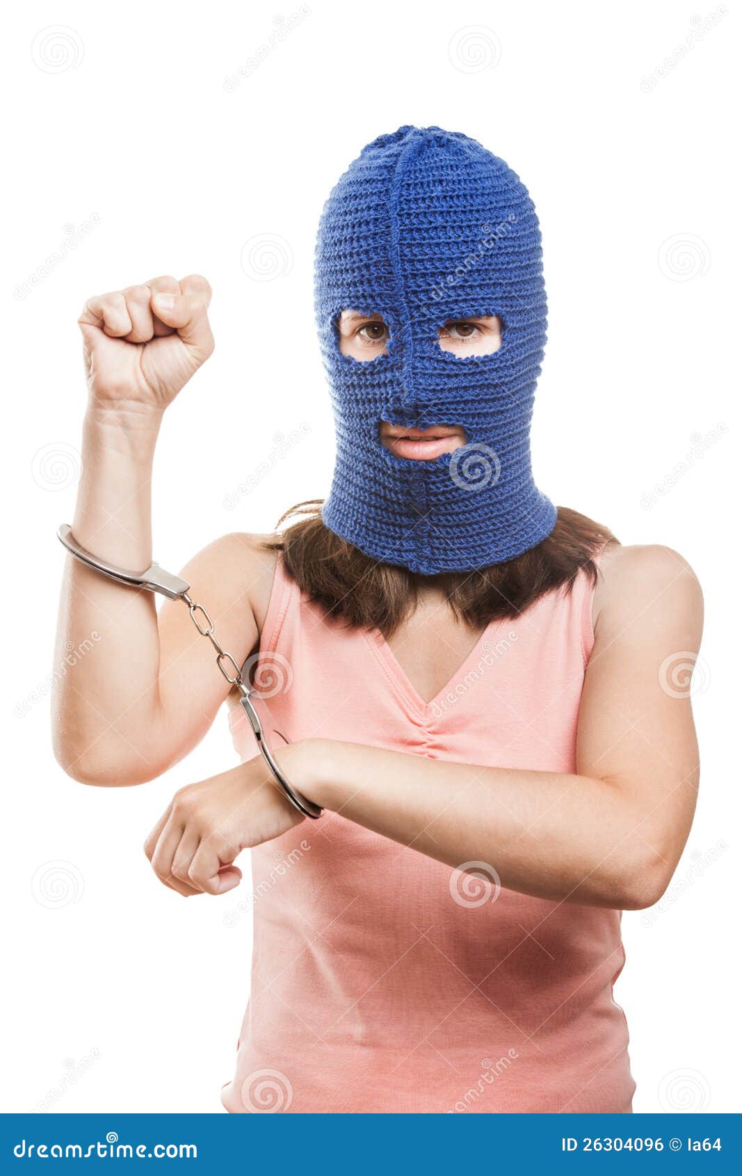 Woman in Balaclava Showing Handcuffs on Hands Stock Photo Image of