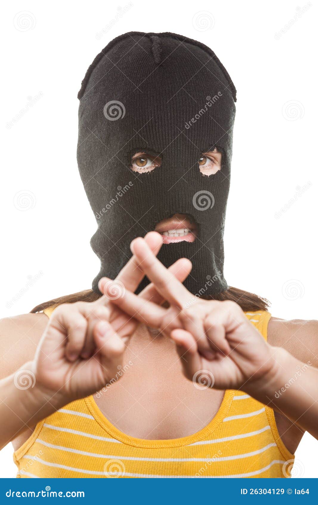 Woman in Balaclava Showing Prison Gesture Stock Image Image of finger