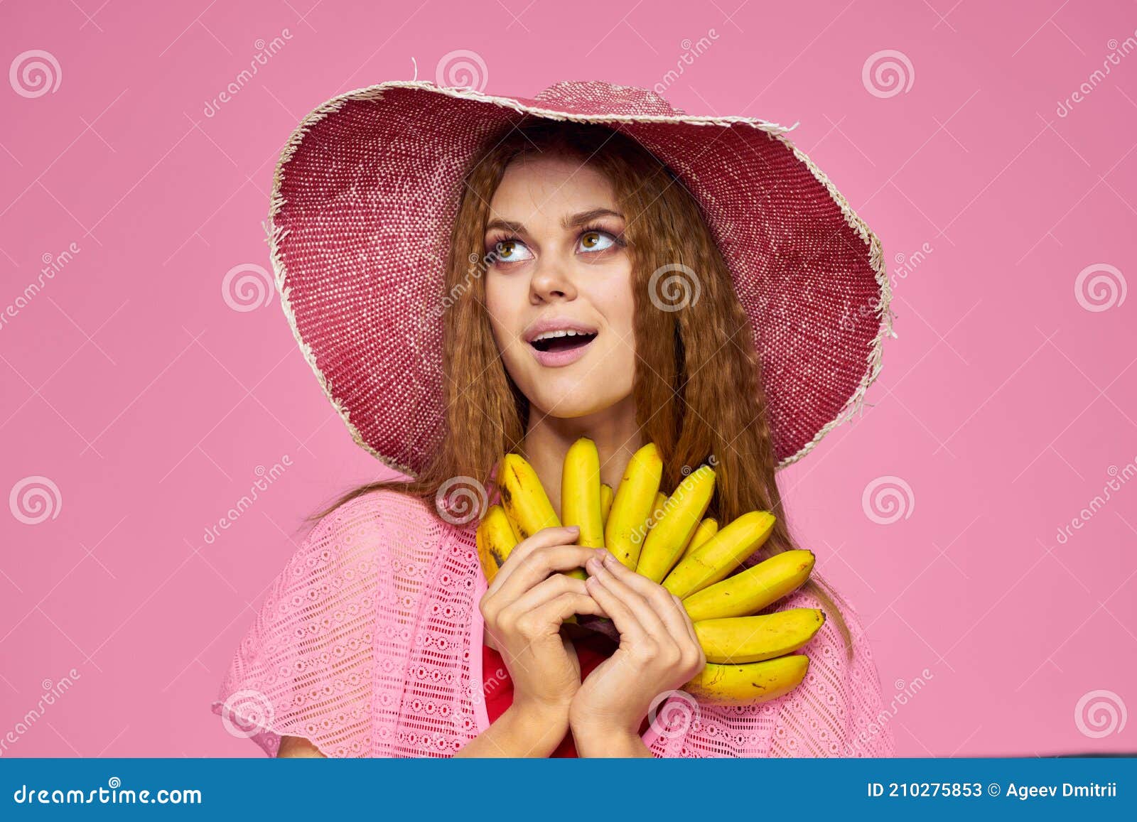 Woman With Bananas In Hands In Hat Exotic Fruits Lifestyle Pink Background Royalty Free Stock