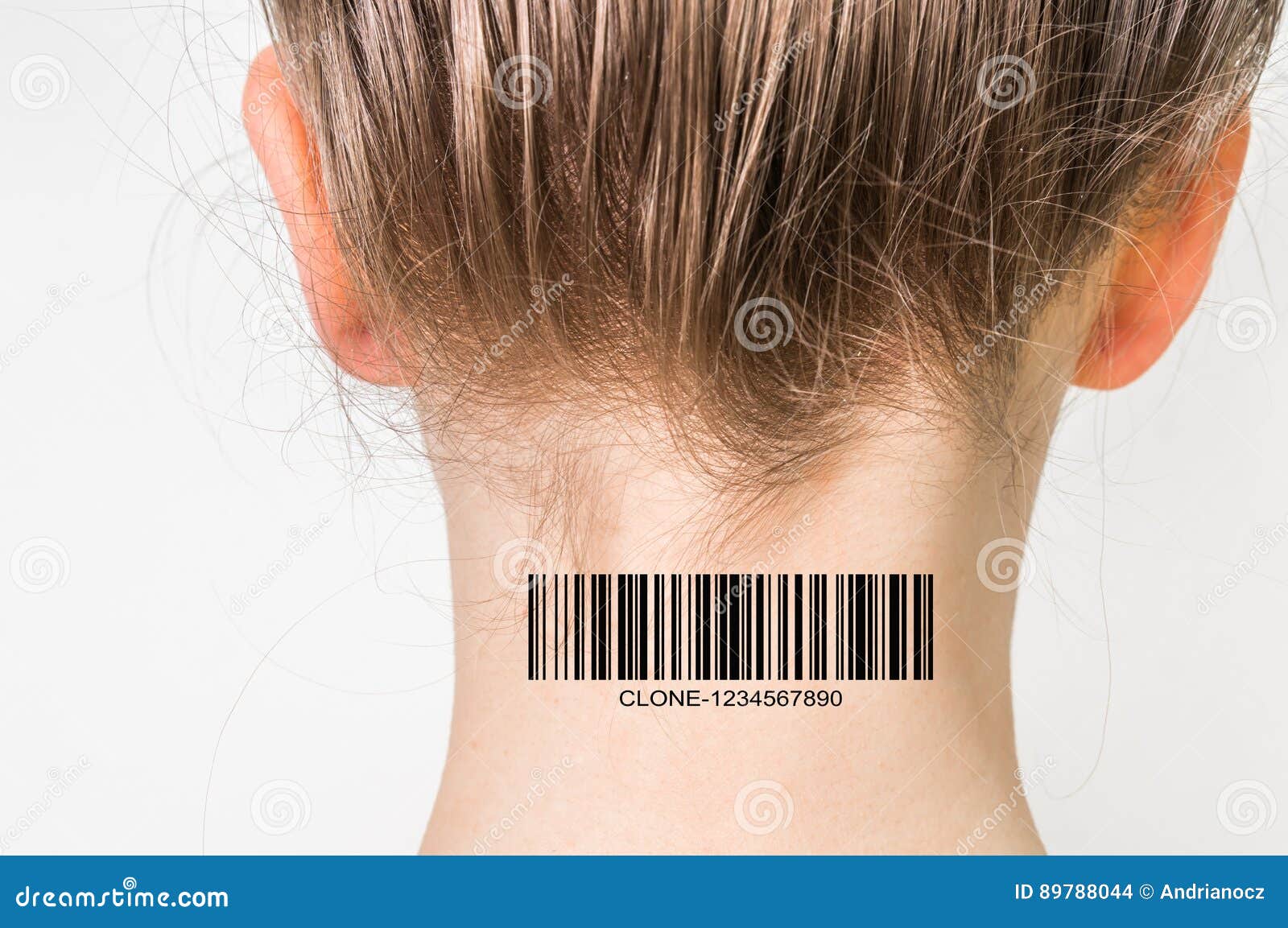 Woman with Barcode on Her Neck Clone Concept Stock Photo