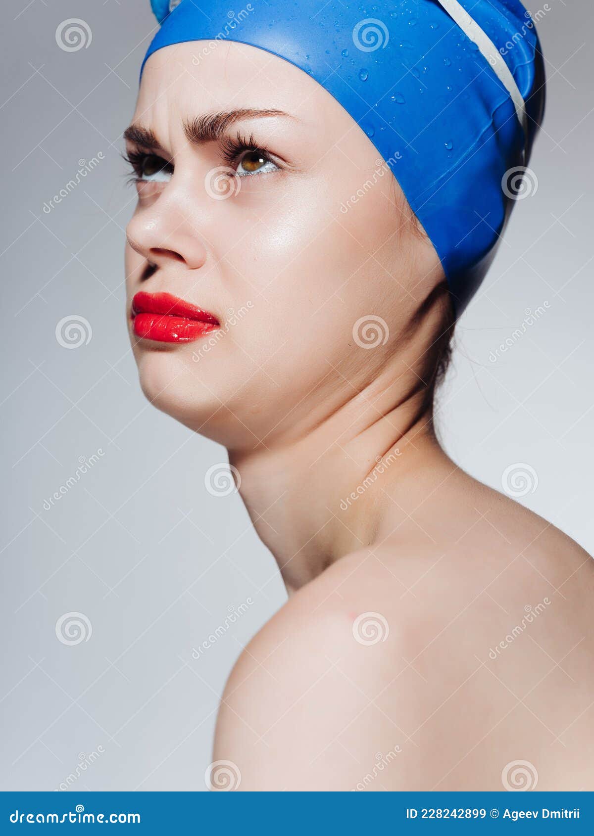 Woman With Bare Shoulders Swimming Cap Athlete Workout Sport Stock