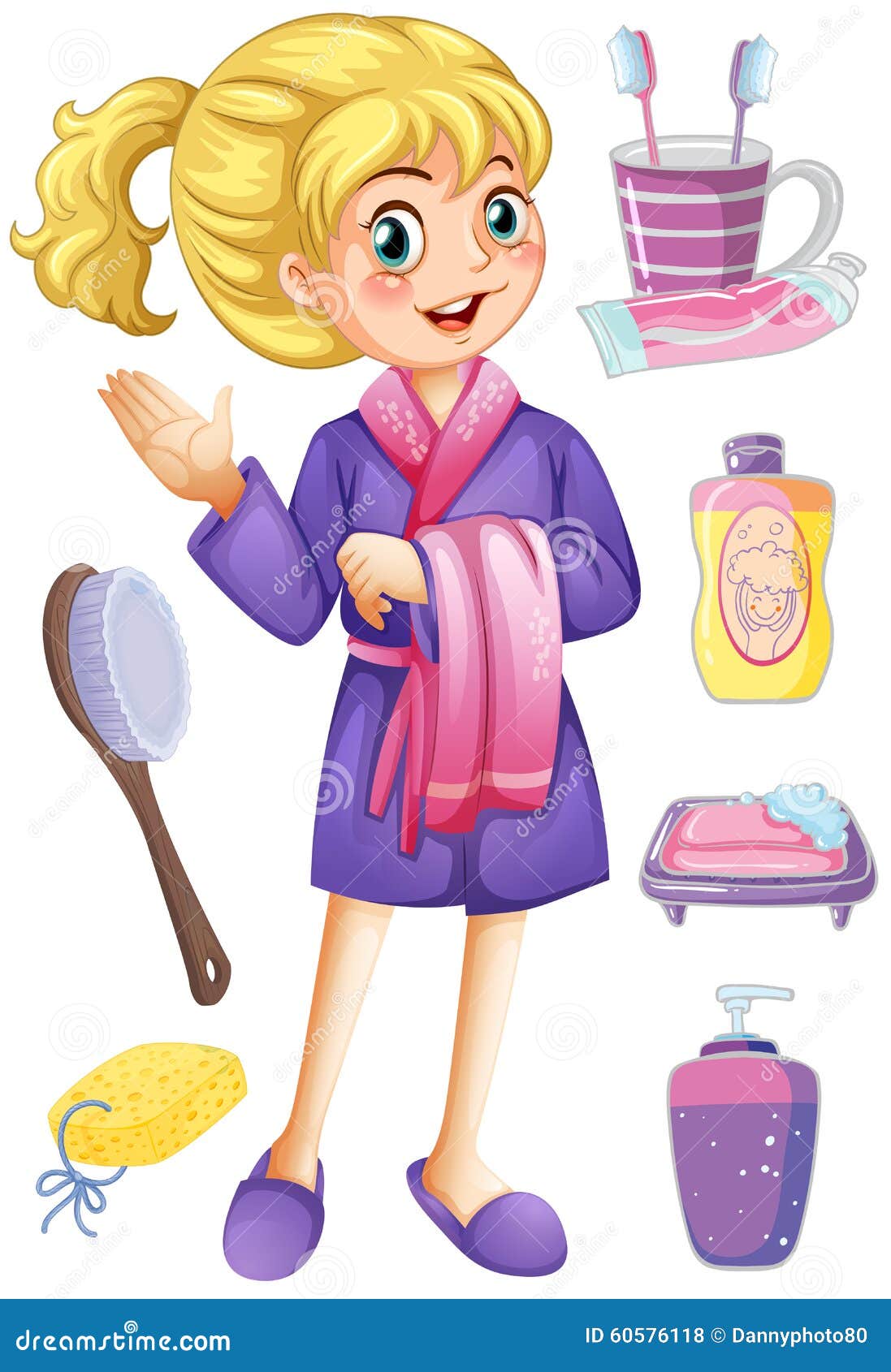 Woman in Bathrobe and Bathroom Set Stock Vector Illustration of