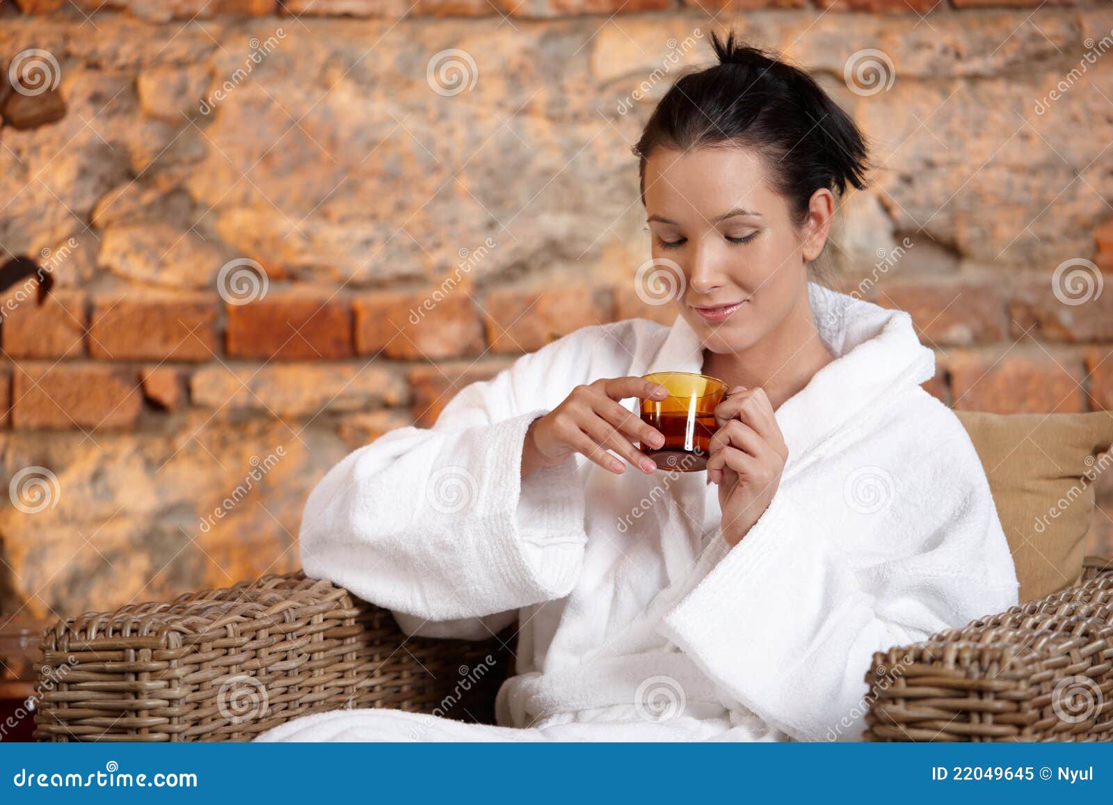 Woman in Bathrobe Enjoying Tea Stock Image - Image of american, black ...