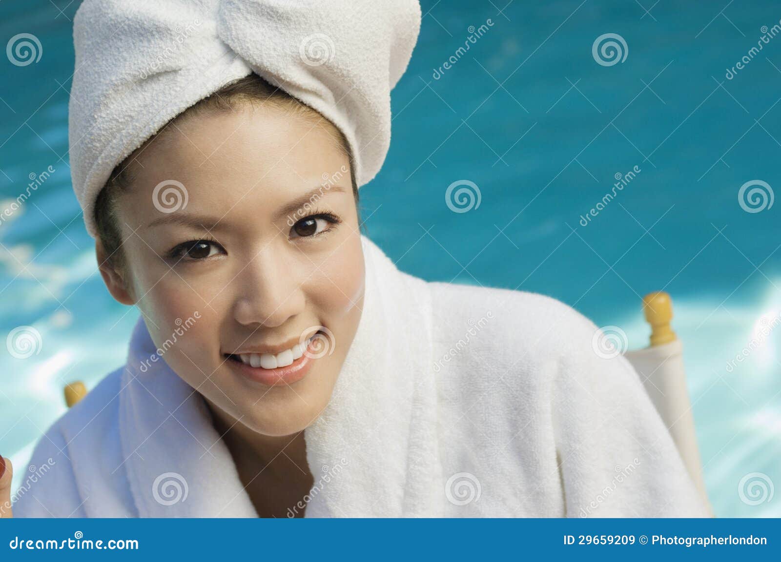 Woman in Bathrobe by the Pool Stock Image Image of relaxation, smile
