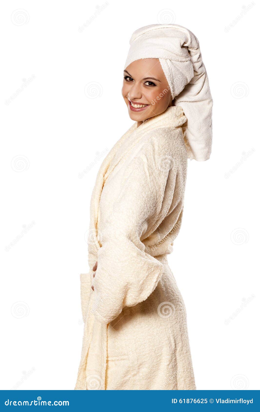 Woman in a bathrobe stock image. Image of people, cheerful 61876625