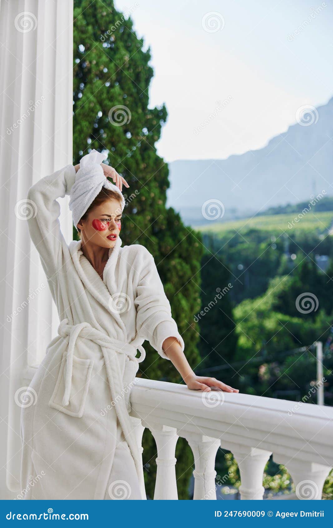 Woman in a Bathrobe Stands on the Balcony of the Hote Unaltered Stock ...