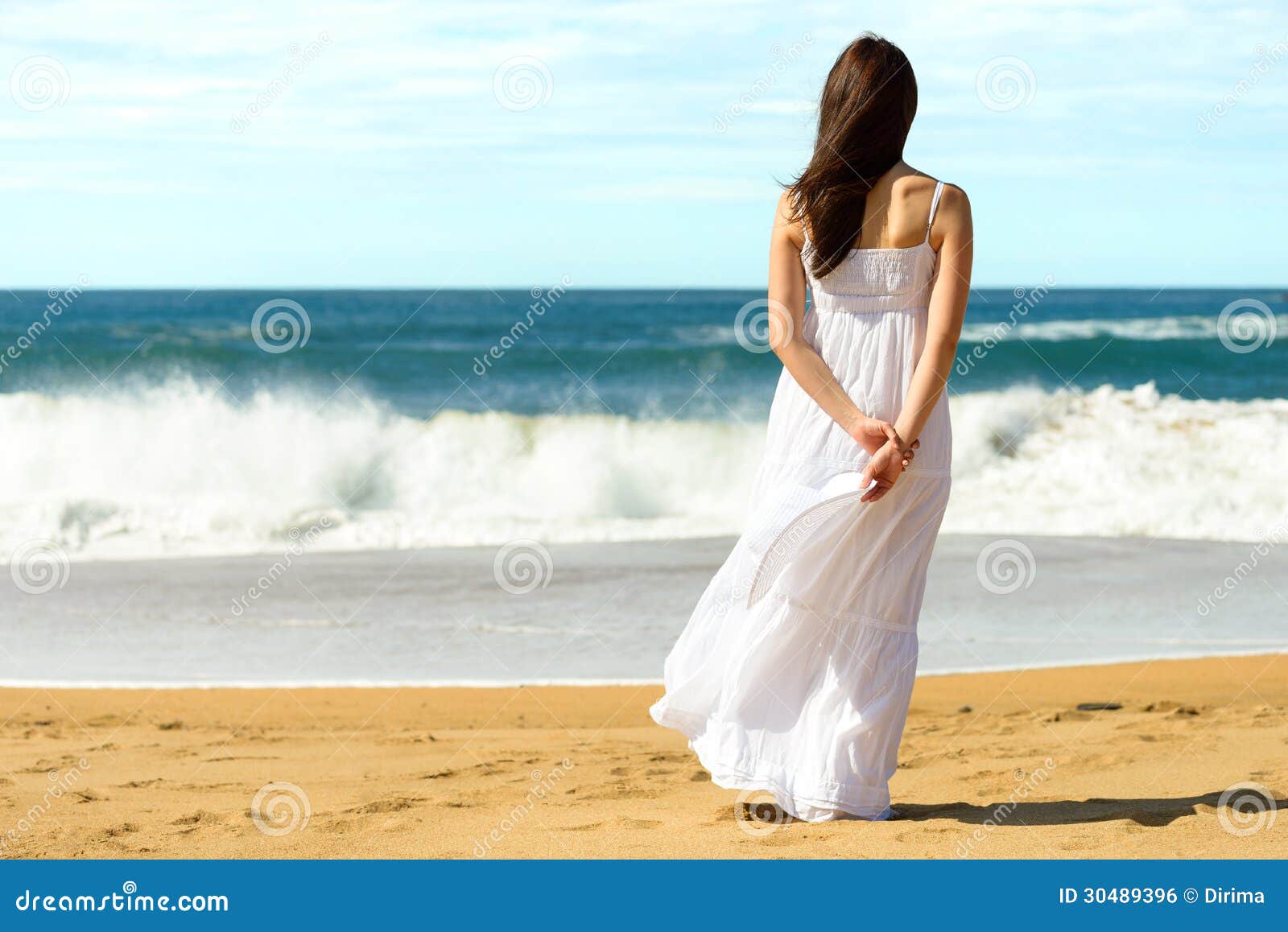 Woman On Beach Looking The Sea Stock Photo Image Of Background Dress