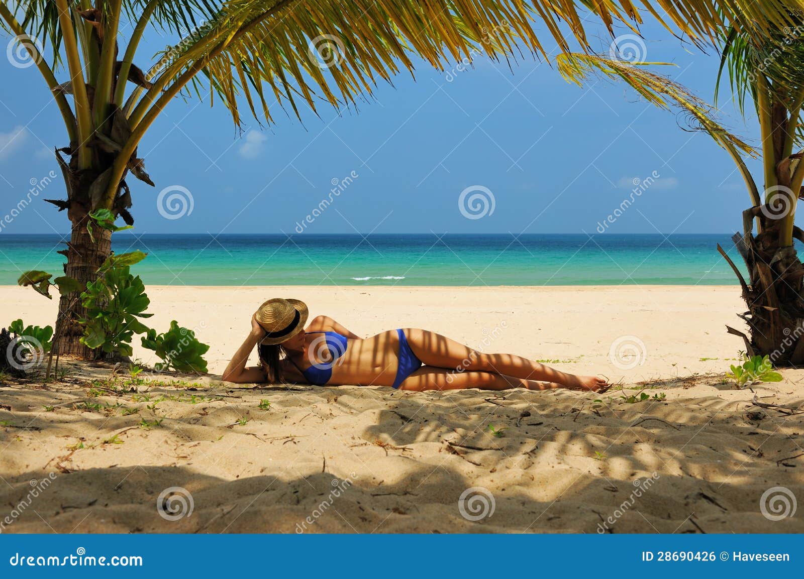 Young Woman On Palm Tree Arms Outstretched Stock Photo 