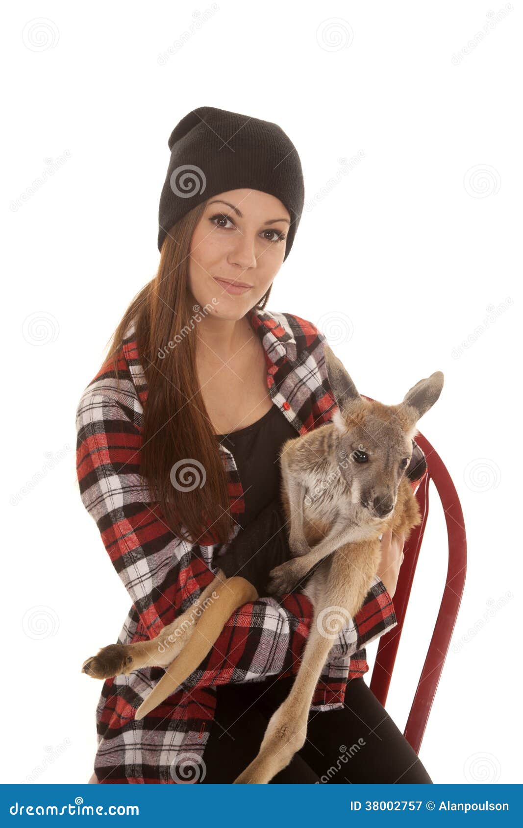 Woman in Beanie and Plaid Shirt Baby Kangaroo Look Stock Image - Image of  beautiful, exotic: 38002757