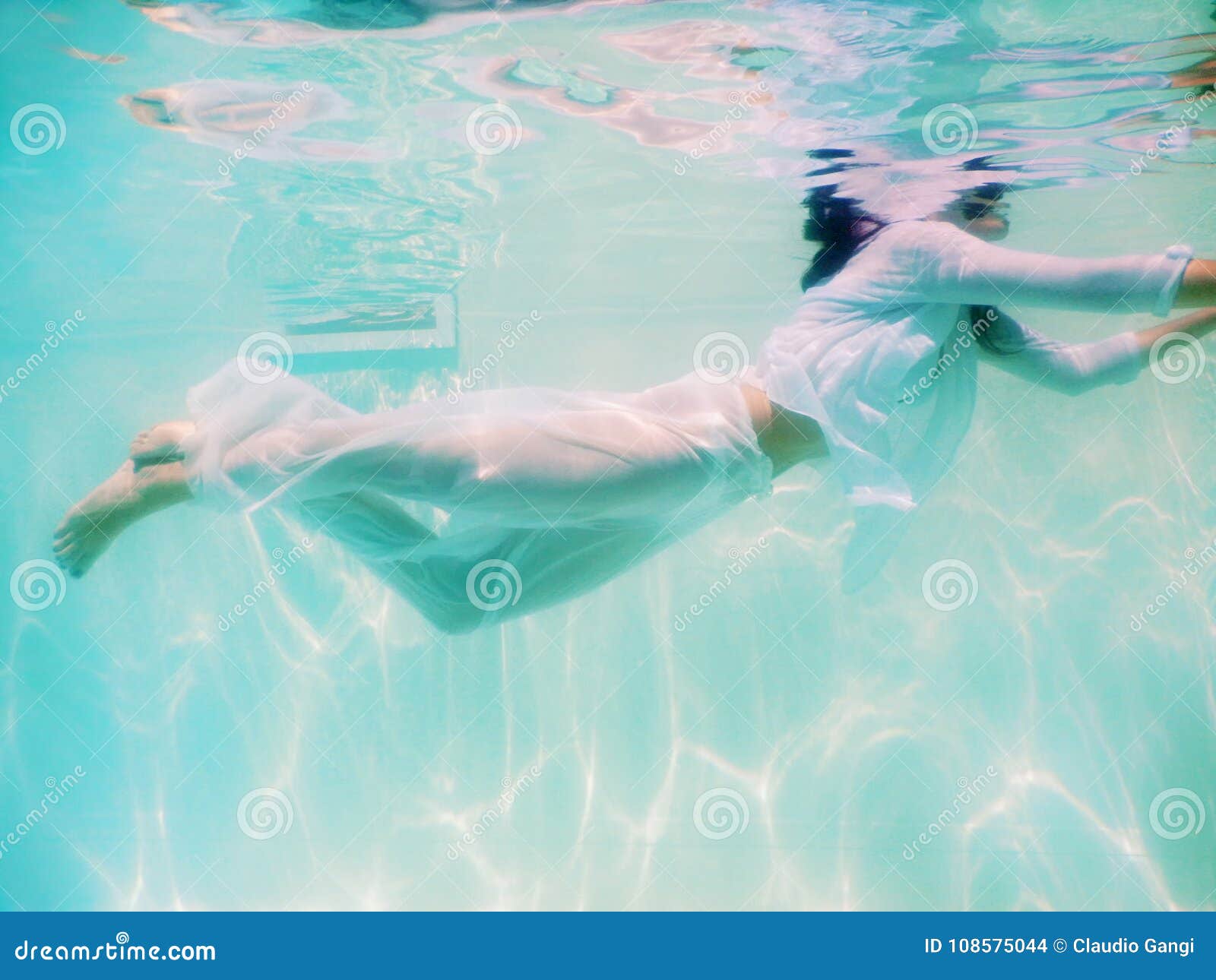 Woman Beautiful Body Swim Underwater in White Dress Stock Photo - Image ...