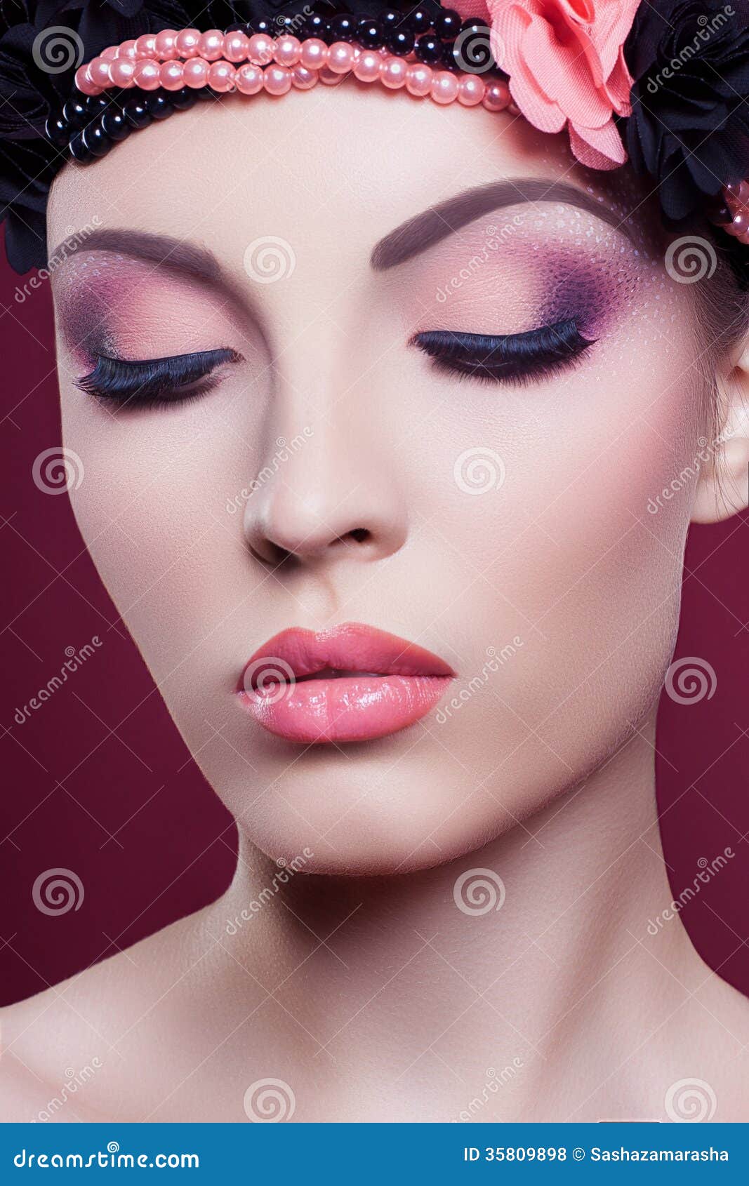 Woman Beautiful Face Closeup Fashion Portrait Pink Make Up 