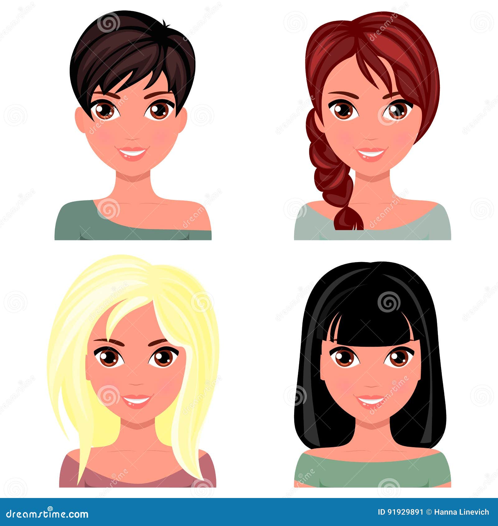 Woman Beautiful Face With Different Hairstyles. Cartoon ...