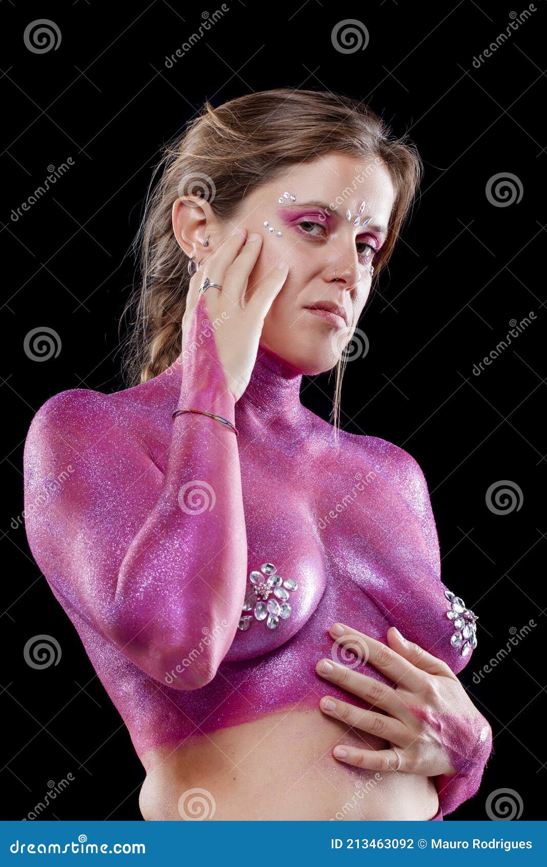 Woman with Full Body Pink Paint Artwork Stock Photo - Image of