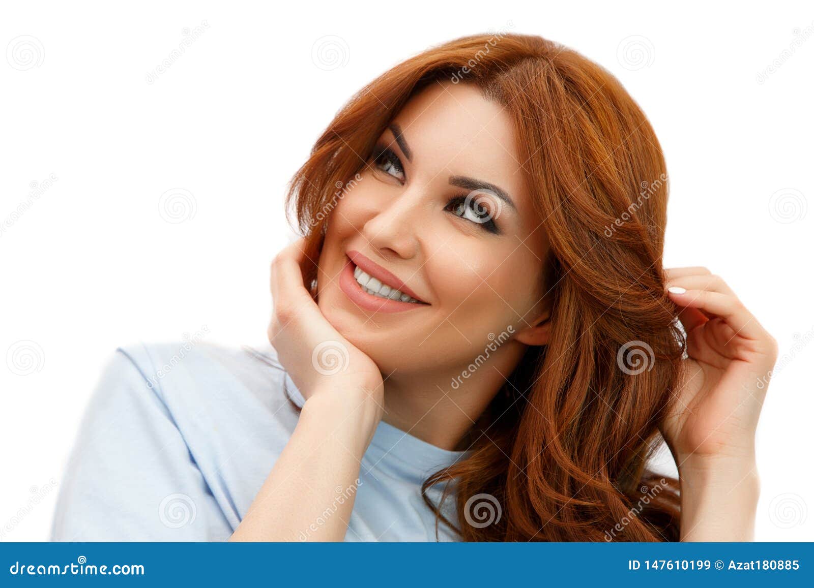 woman with beautiful hair after injections of hyaluronic acid and botox on white  background