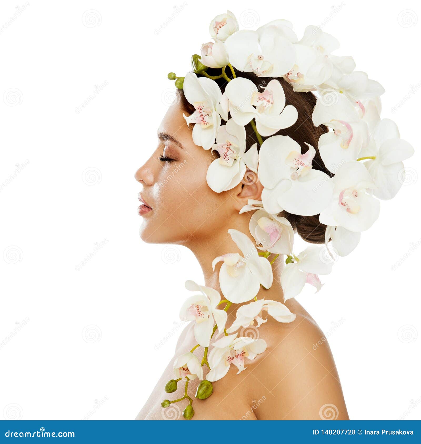 Woman Beauty Flowers Hairstyle, Beautiful Girl Portrait with Orchid Flower  in Hair Stock Photo - Image of adorable, faces: 140207728