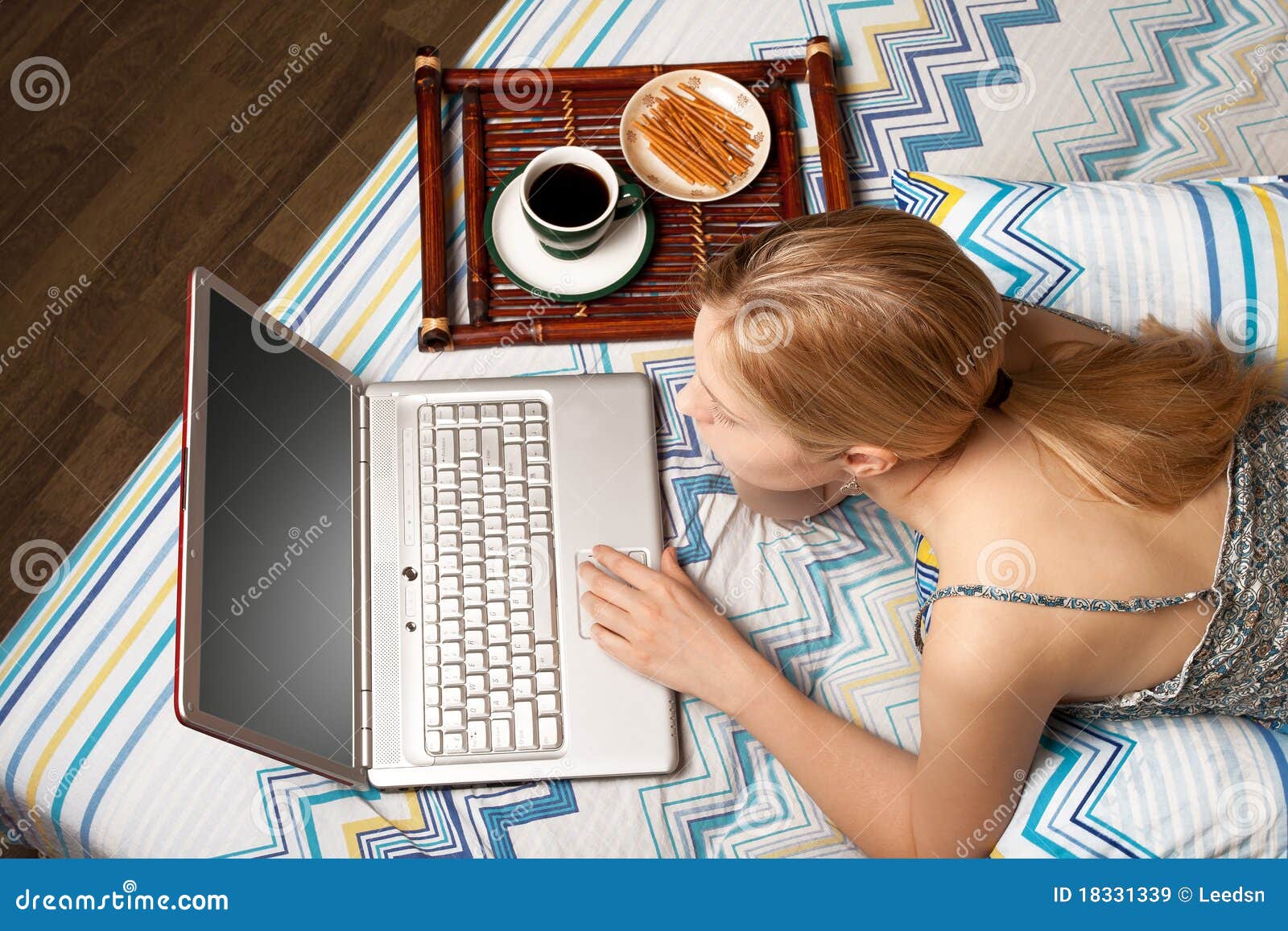 Woman in bed with laptop stock image. Image of attractive 18331339