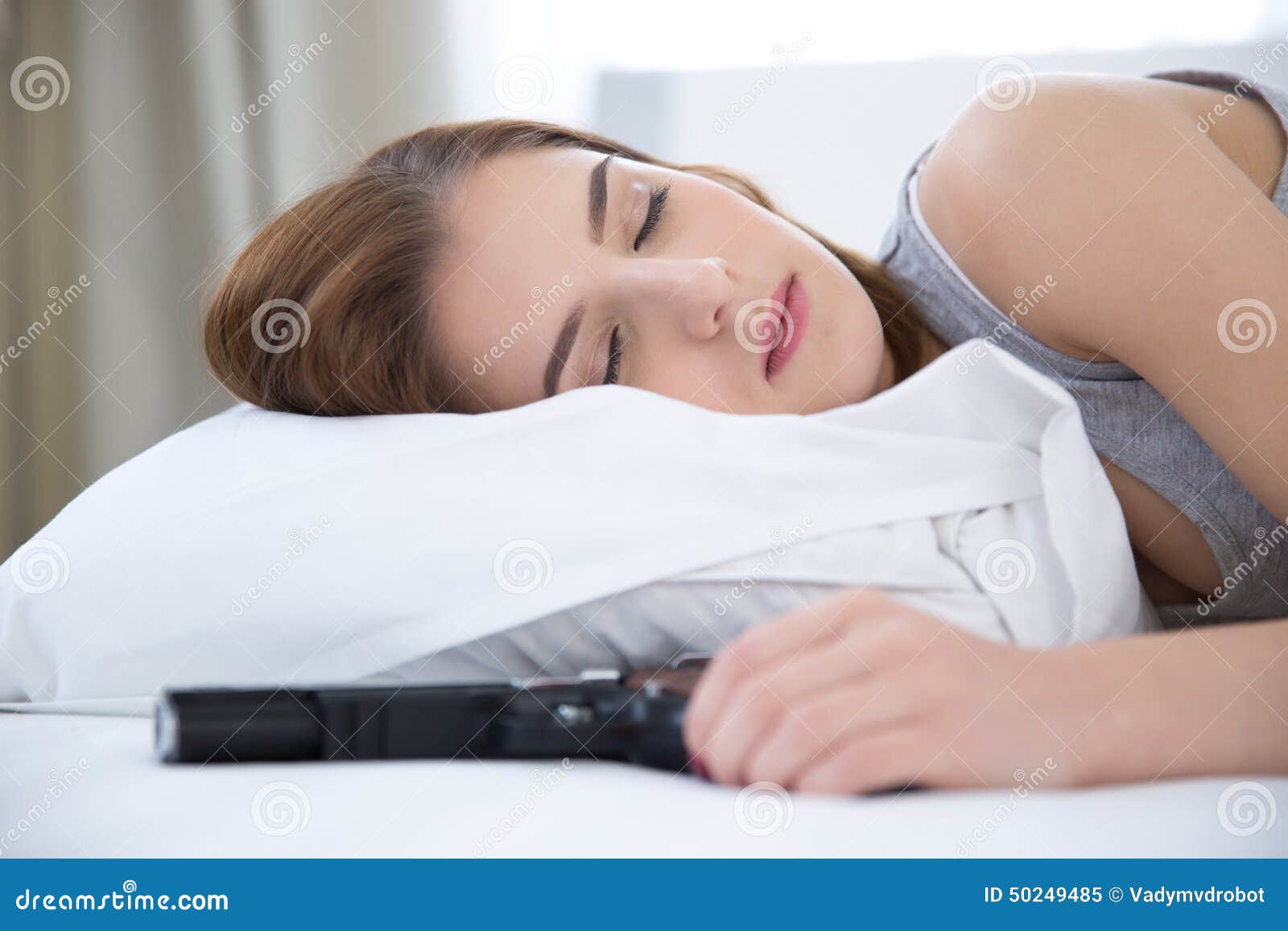 Woman in Bed Sleeps with Hand on Gun Weapon Stock Image Image of bear